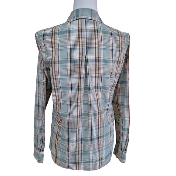 Patagonia Aqua and Tan Plaid Pattern Hiking Convertible Roll Up Sleeve Shirt 10 - Picture 6 of 9